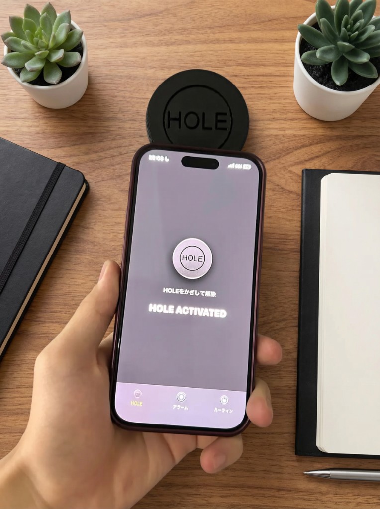 スマートフォンをHOLEにかざして解除する様子